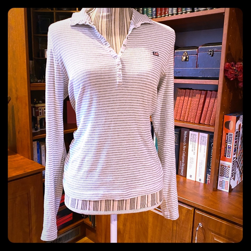 Grey & White striped, ribbed polo snap-collar top